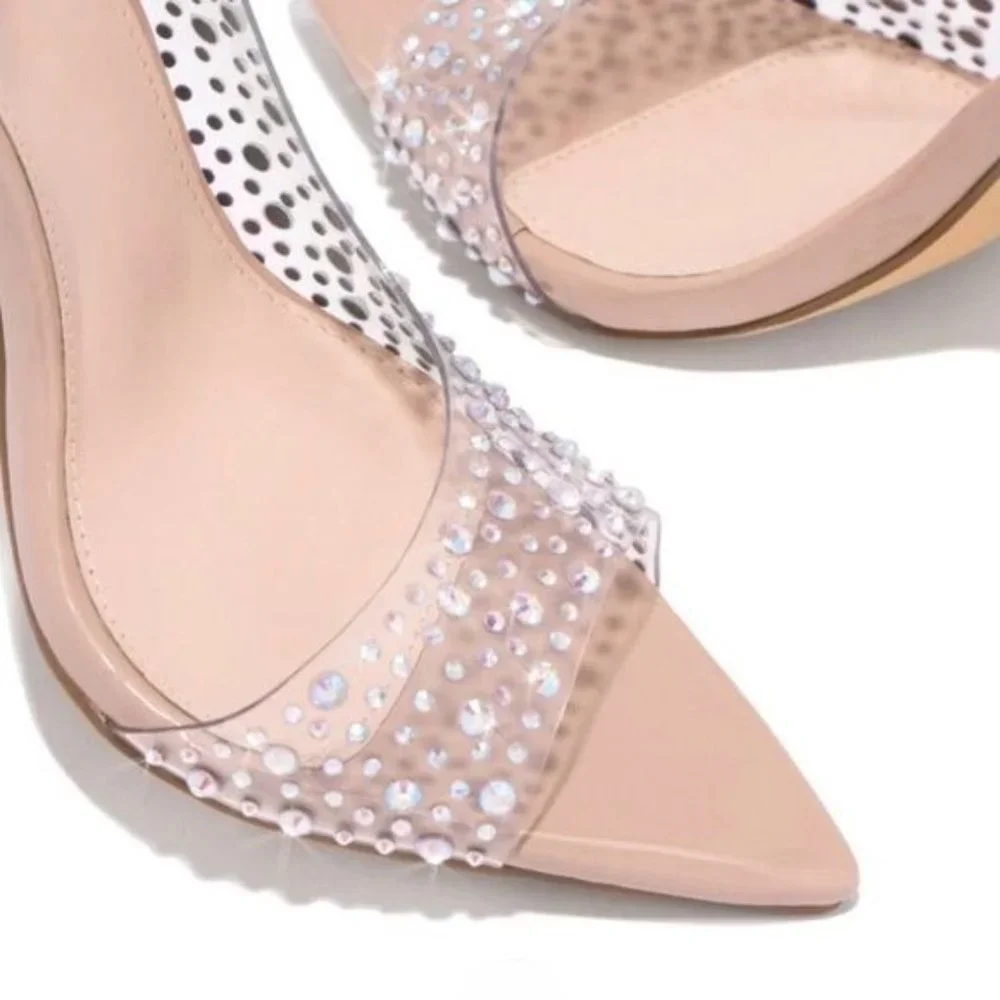 !! NEW !! Transparent Slingback Peep Toe Embellished Heels in Nude - Picture 3 of 6